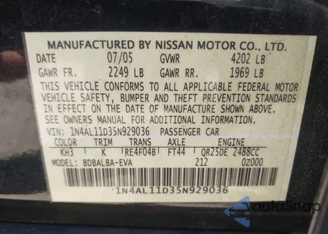 2005 Nissan Altima 2.5 S z USA, uszkodzony, nr VIN 1N4AL11D35N929036